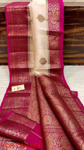 Pure Handloom Kora Organza Banarasi Saree Ð Offwhite & Magenta - Saree - Aakritee - S10772